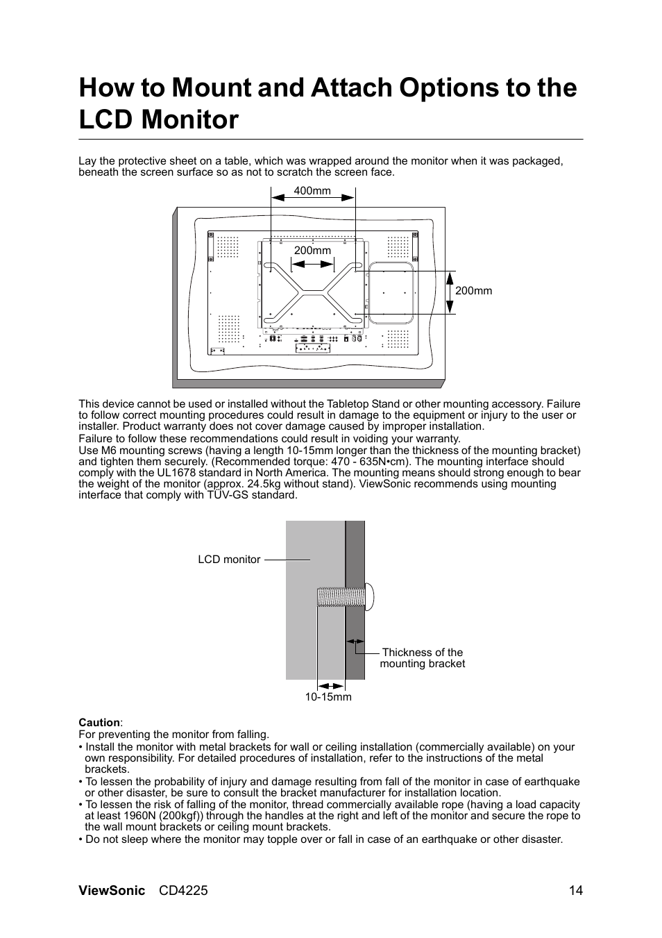 How to mount and attach options to the lcd monitor | VIEWSONIC CD4225 User Manual | Page 16 / 47