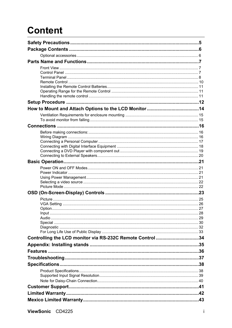 Content | VIEWSONIC CD4225 User Manual | Page 2 / 47