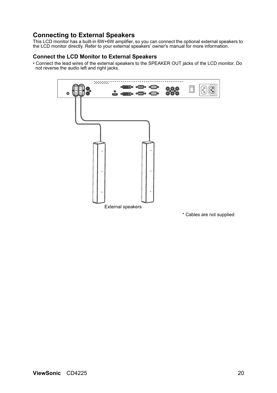Connecting to external speakers | VIEWSONIC CD4225 User Manual | Page 22 / 47