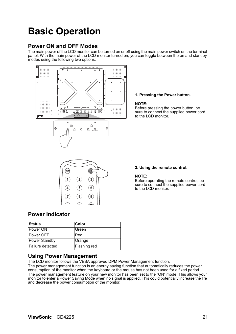 Basic operation, Power on and off modes, Power indicator using power management | VIEWSONIC CD4225 User Manual | Page 23 / 47