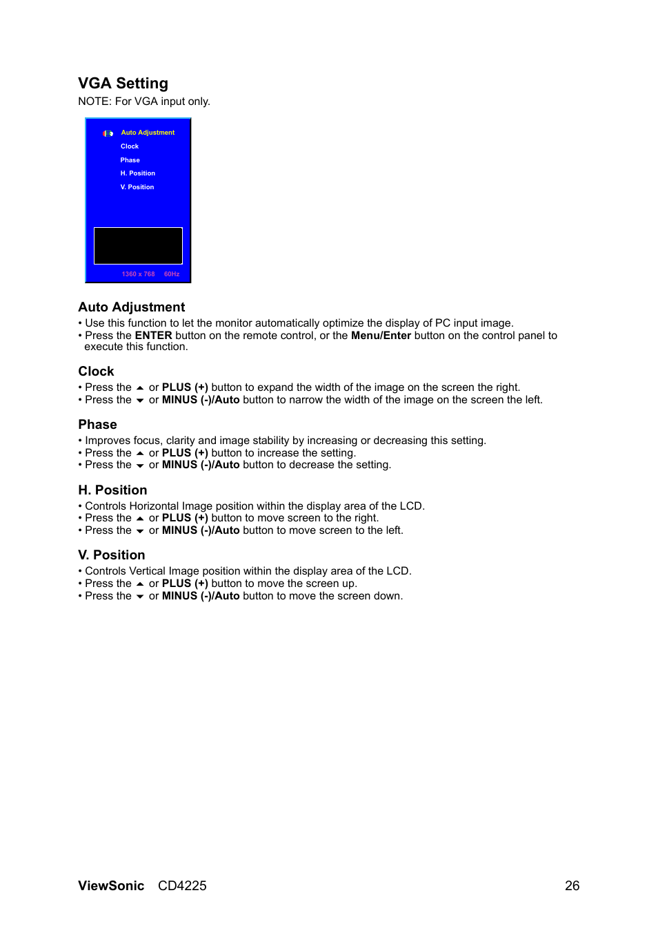 Vga setting, Auto adjustment, Clock | Phase, H. position, V. position | VIEWSONIC CD4225 User Manual | Page 28 / 47