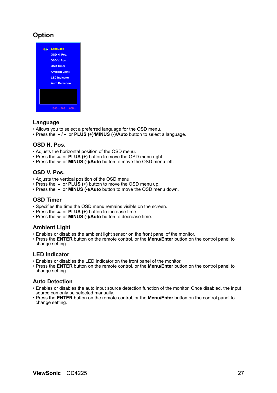 Option, Language, Osd h. pos | Osd v. pos, Osd timer, Ambient light, Led indicator, Auto detection | VIEWSONIC CD4225 User Manual | Page 29 / 47