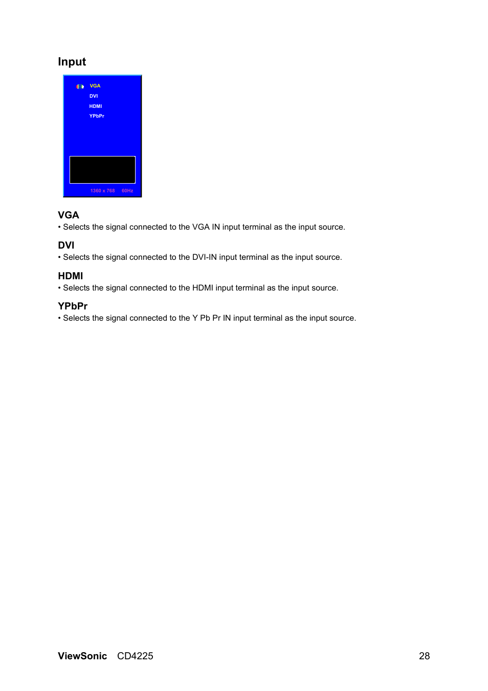 Input, Hdmi, Ypbpr | VIEWSONIC CD4225 User Manual | Page 30 / 47