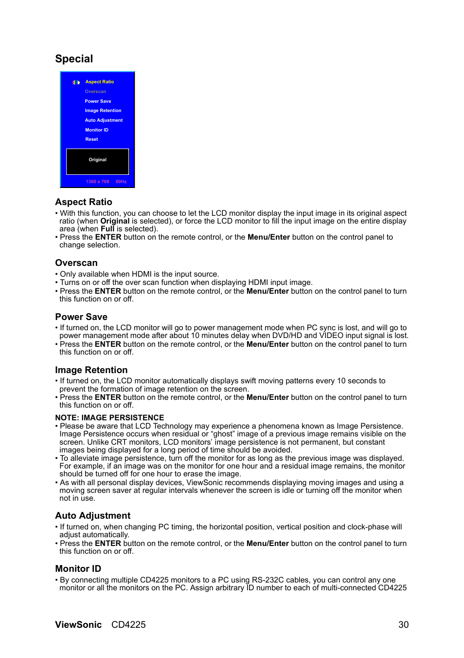 Special, Aspect ratio, Overscan | Power save, Image retention, Auto adjustment, Monitor id | VIEWSONIC CD4225 User Manual | Page 32 / 47