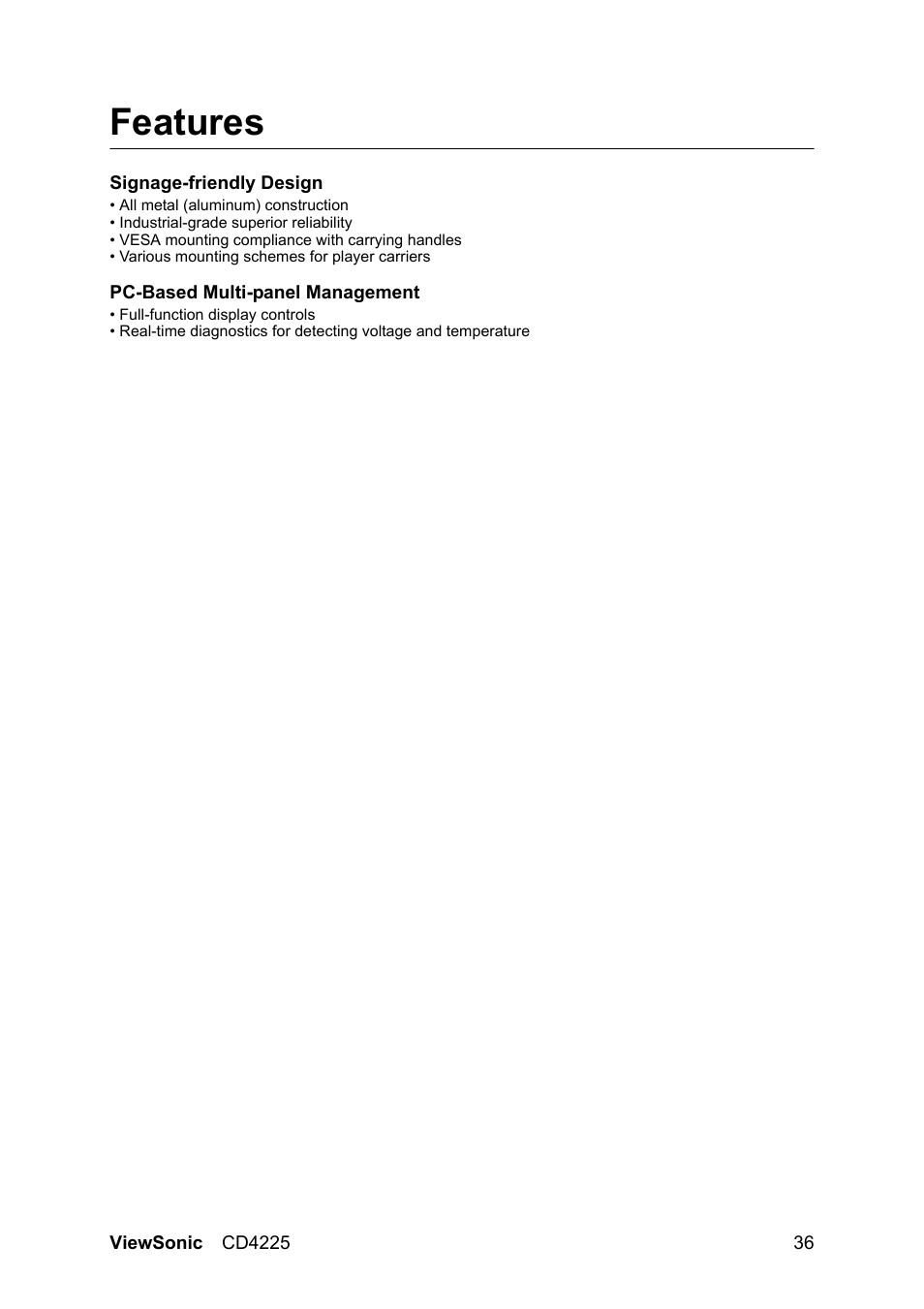 Features | VIEWSONIC CD4225 User Manual | Page 38 / 47