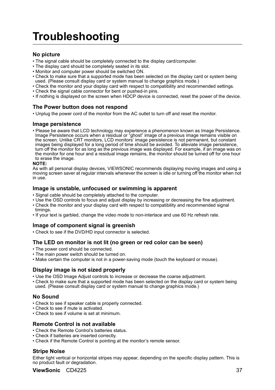 Troubleshooting | VIEWSONIC CD4225 User Manual | Page 39 / 47