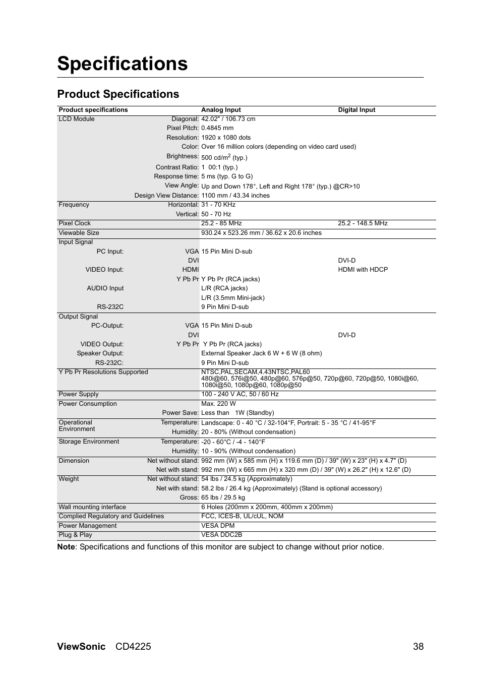 Specifications, Product specifications | VIEWSONIC CD4225 User Manual | Page 40 / 47
