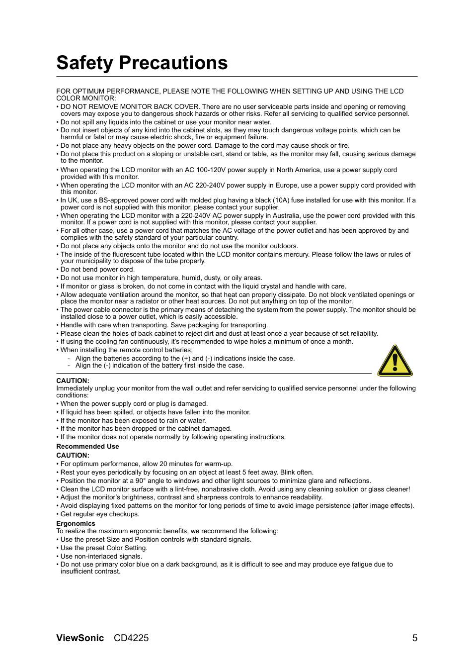 Safety precautions | VIEWSONIC CD4225 User Manual | Page 7 / 47