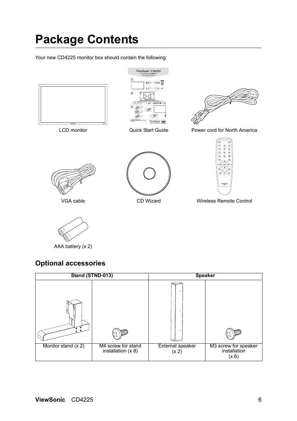 Package contents, Optional accessories | VIEWSONIC CD4225 User Manual | Page 8 / 47