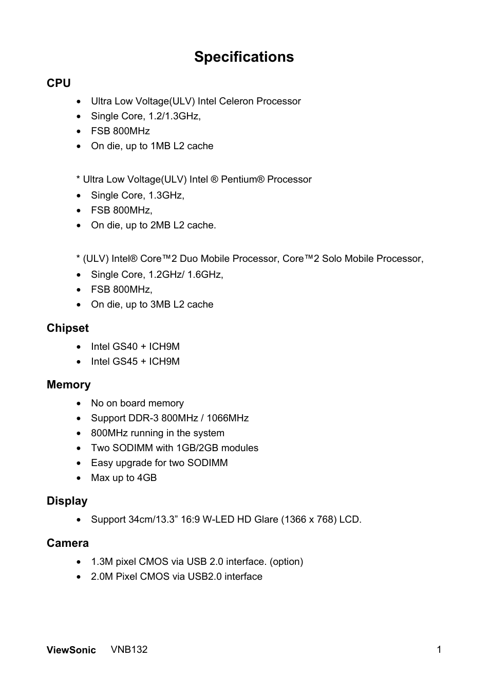 Specifications | VIEWSONIC VS13191 User Manual | Page 8 / 35