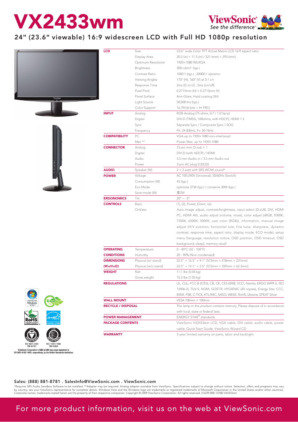 Vx2433wm | VIEWSONIC VX2433wm User Manual | Page 2 / 2