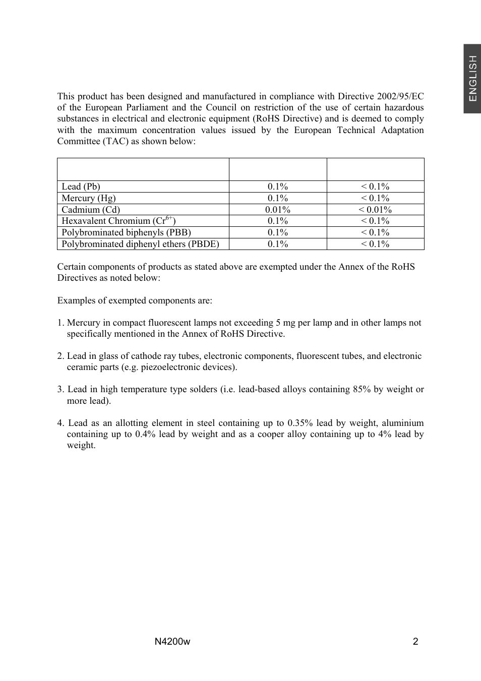 Declaration of rohs compliance | VIEWSONIC N4200W User Manual | Page 4 / 42