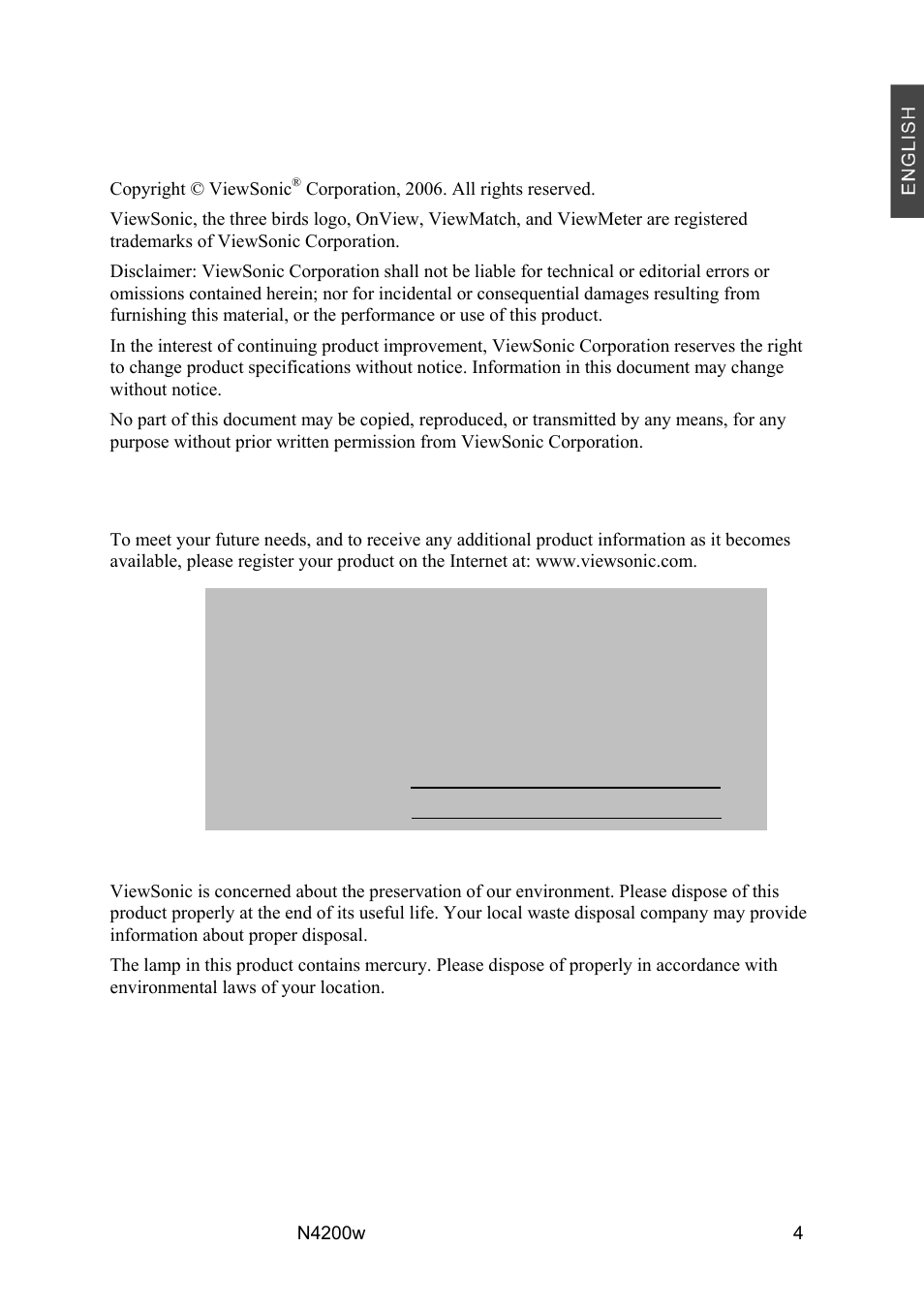 Copyright information, Product registration, For your records | VIEWSONIC N4200W User Manual | Page 6 / 42