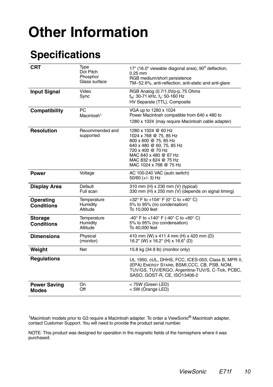 Other information, Specifications, Viewsonic e71f 10 | VIEWSONIC E71F User Manual | Page 11 / 18