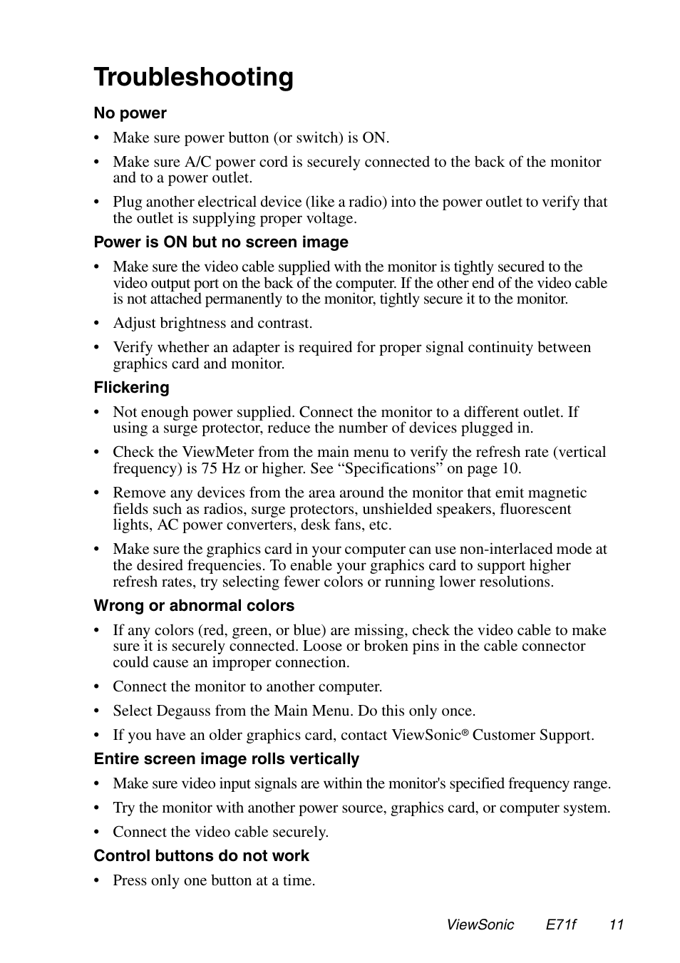 Troubleshooting | VIEWSONIC E71F User Manual | Page 12 / 18