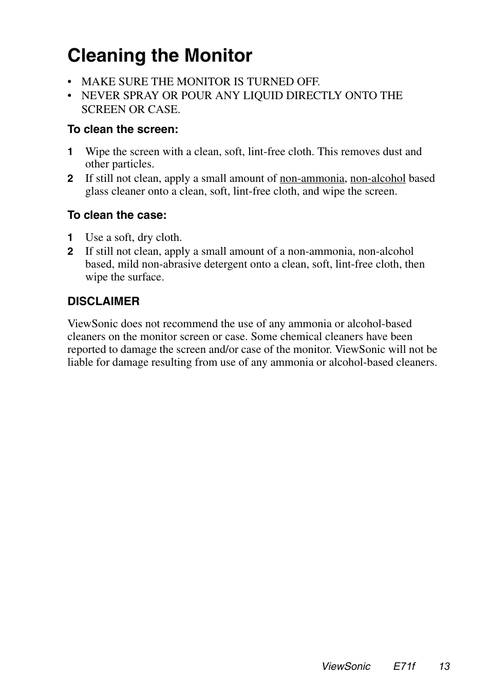 Cleaning the monitor | VIEWSONIC E71F User Manual | Page 14 / 18