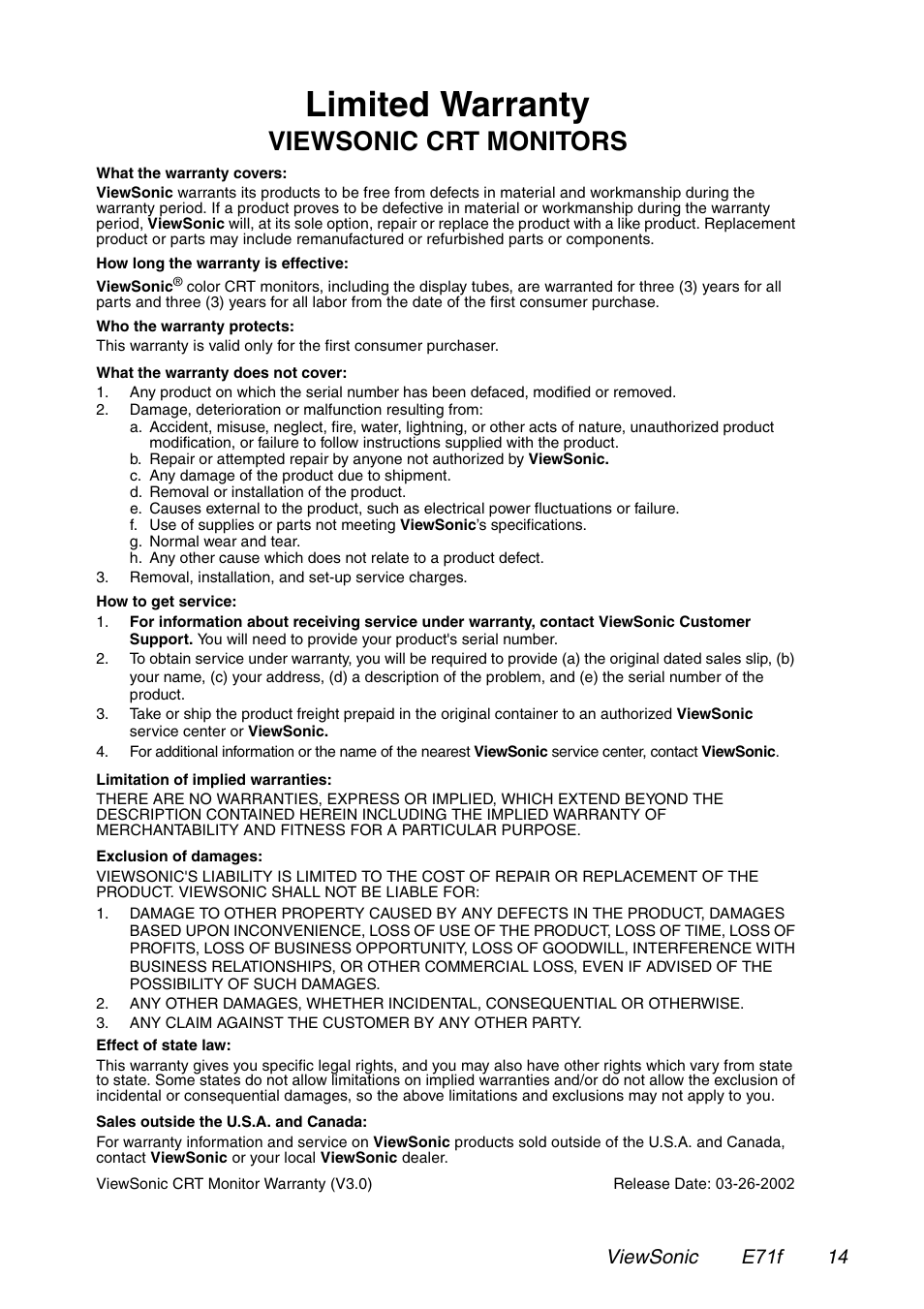 Limited warranty, Viewsonic crt monitors, Viewsonic e71f 14 | VIEWSONIC E71F User Manual | Page 15 / 18