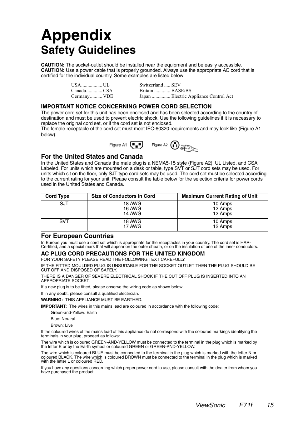 Appendix, Safety guidelines, For the united states and canada | For european countries, Viewsonic e71f 15 | VIEWSONIC E71F User Manual | Page 16 / 18