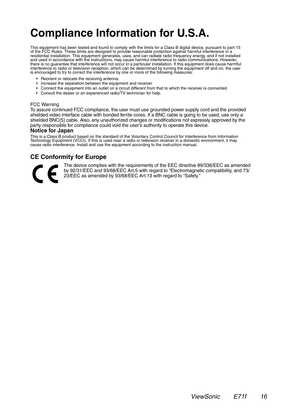 Compliance information for u.s.a | VIEWSONIC E71F User Manual | Page 17 / 18