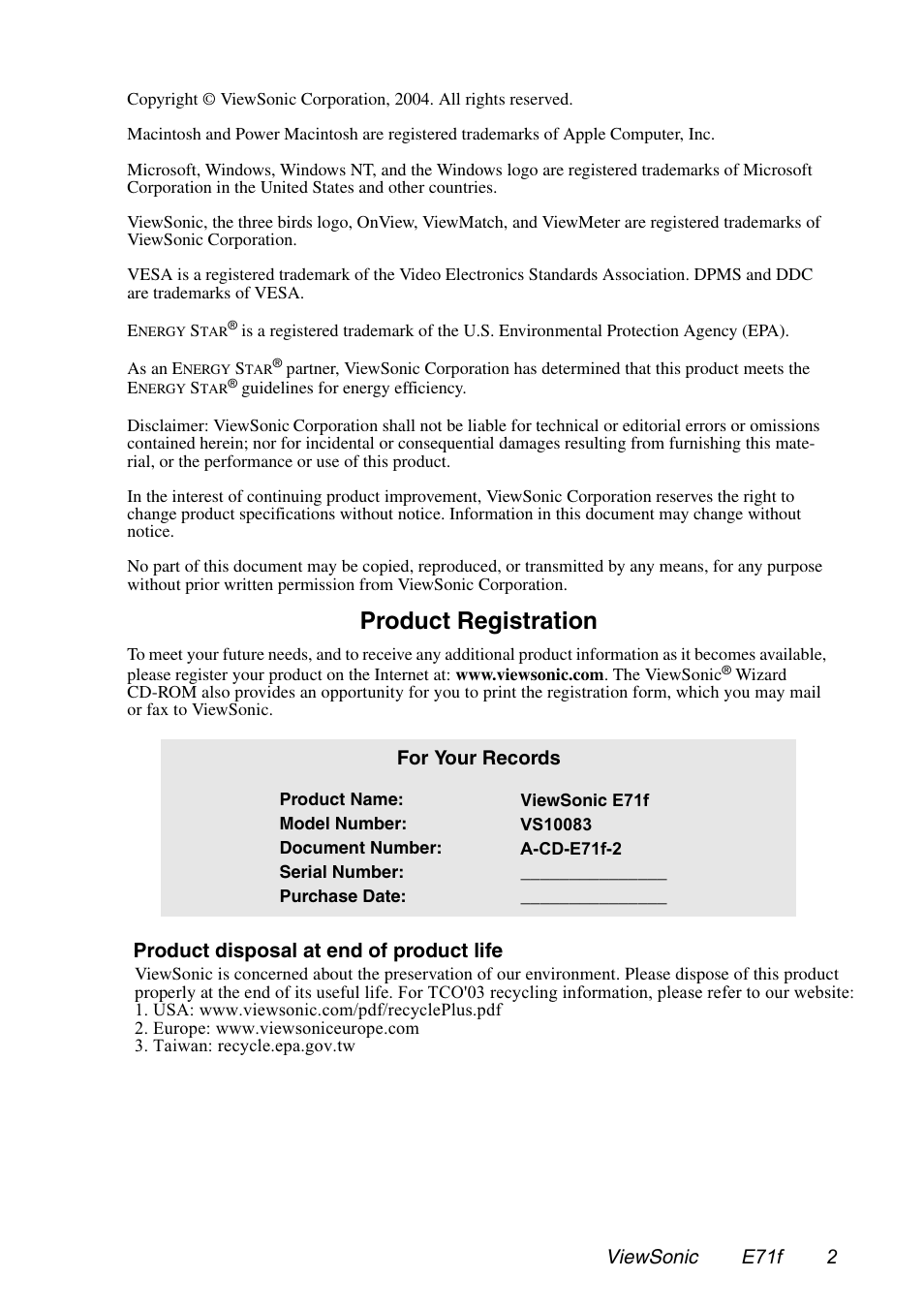 Product registration | VIEWSONIC E71F User Manual | Page 3 / 18