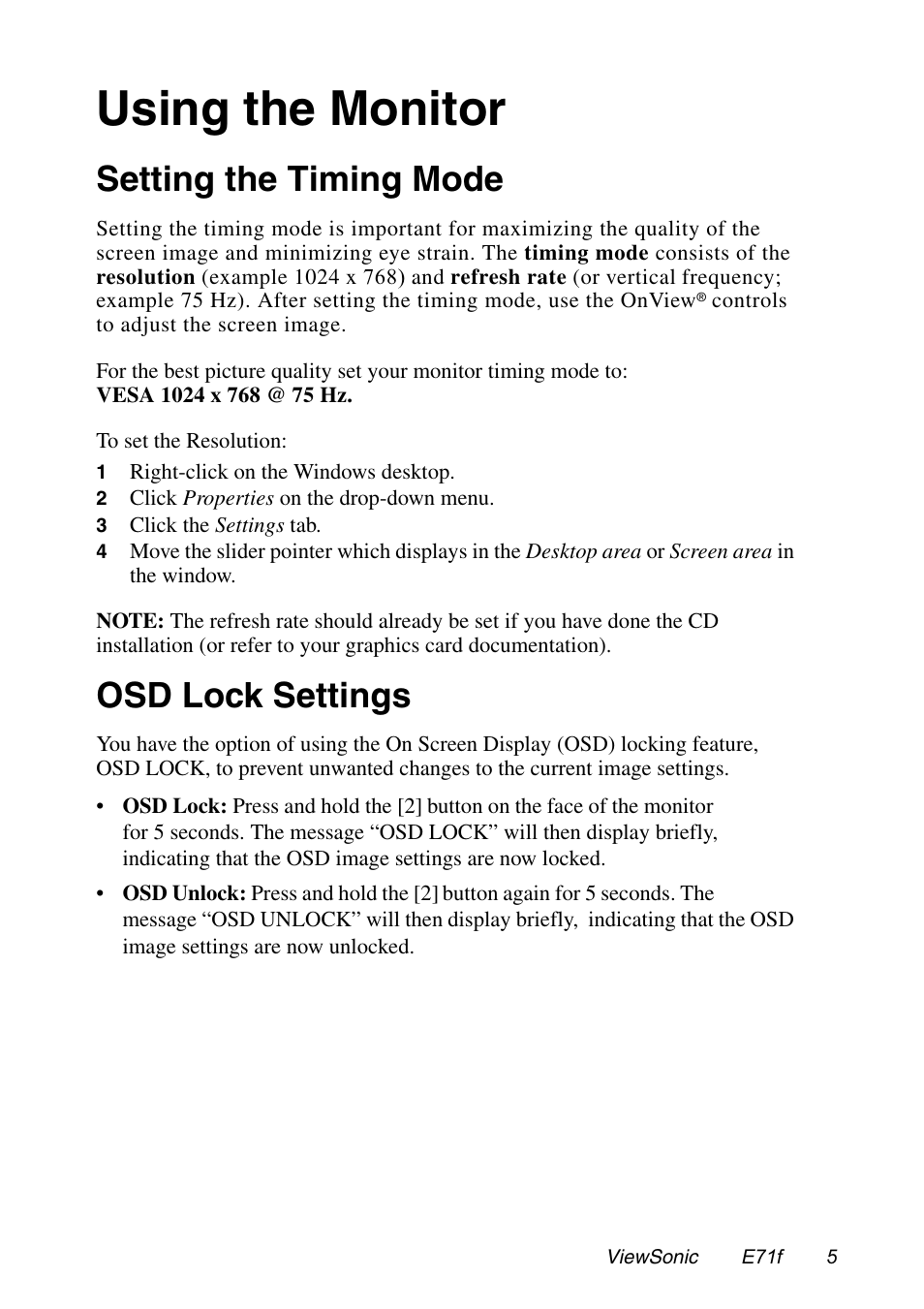 Using the monitor, Setting the timing mode, Osd lock settings | VIEWSONIC E71F User Manual | Page 6 / 18