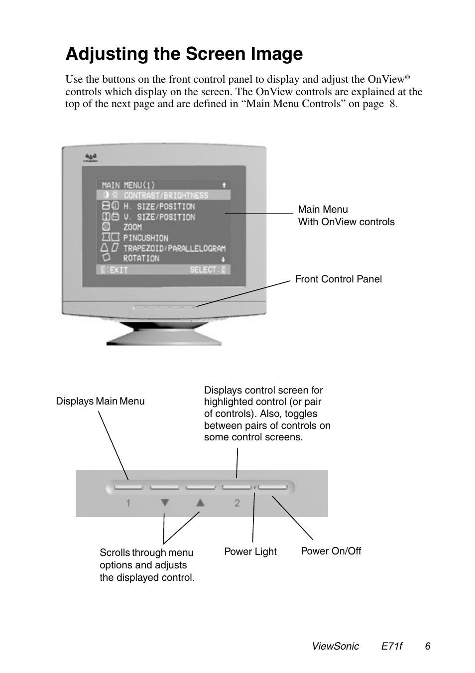 Adjusting the screen image | VIEWSONIC E71F User Manual | Page 7 / 18