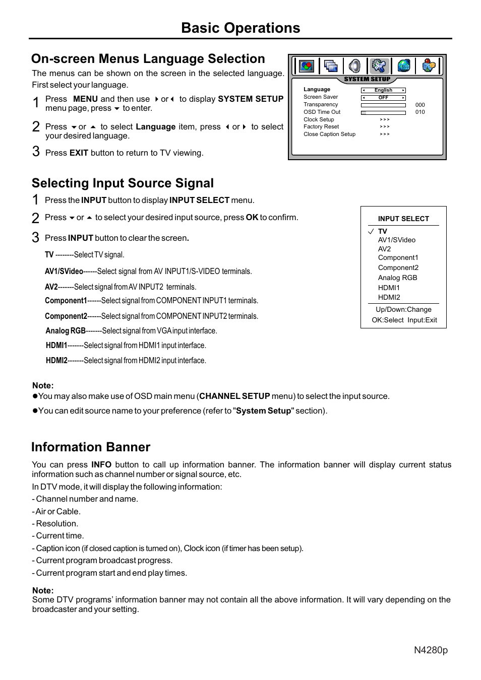 页面 21, 3basic operations, On-screen menus language selection | Selecting input source signal, Information banner | VIEWSONIC N4280p User Manual | Page 22 / 57