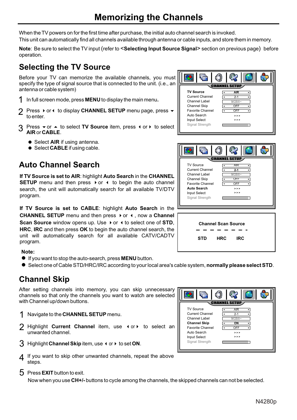 页面 22, Selecting the tv source, Auto channel search | Channel skip | VIEWSONIC N4280p User Manual | Page 23 / 57