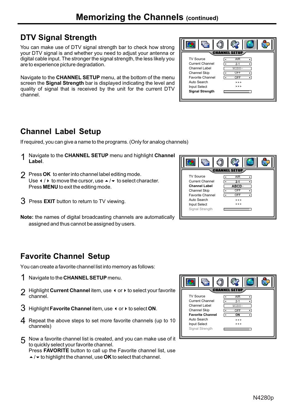 页面 23, Dtv signal strength, Channel | Label, Setup, Favorite channel | VIEWSONIC N4280p User Manual | Page 24 / 57