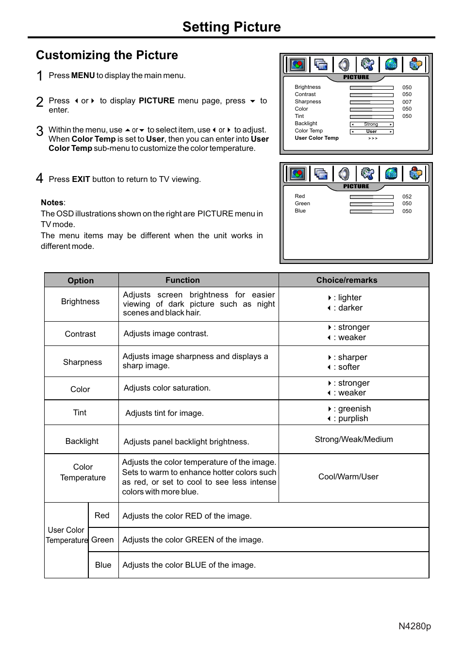 页面 25, Setting picture, Customizing the picture | VIEWSONIC N4280p User Manual | Page 26 / 57