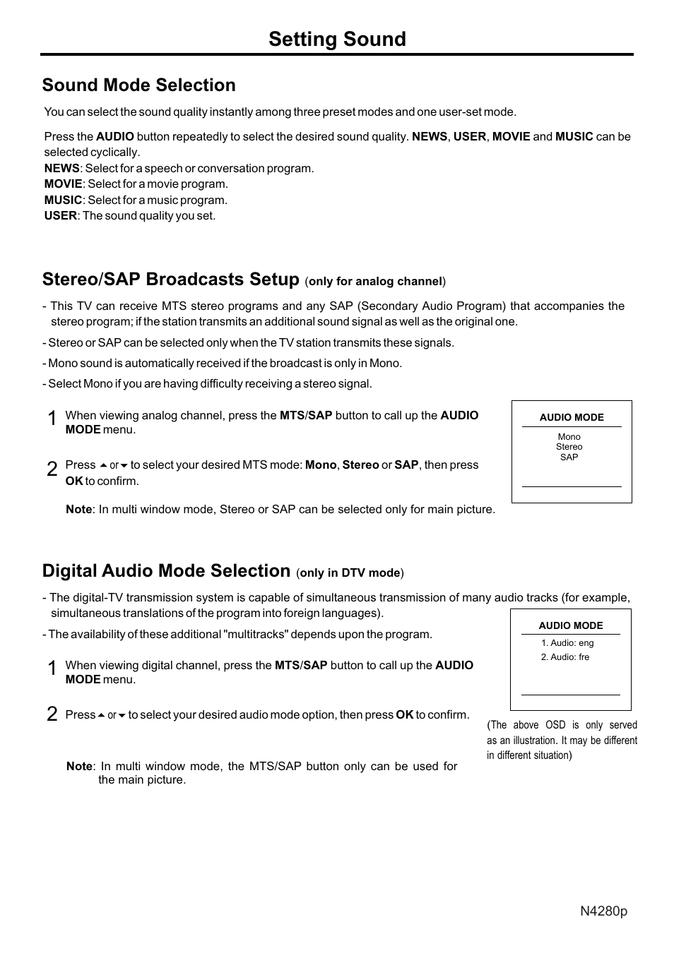 页面 28, Setting sound, Sound mode selection | Stereo / sap broadcasts setup, Digital audio mode selection | VIEWSONIC N4280p User Manual | Page 29 / 57