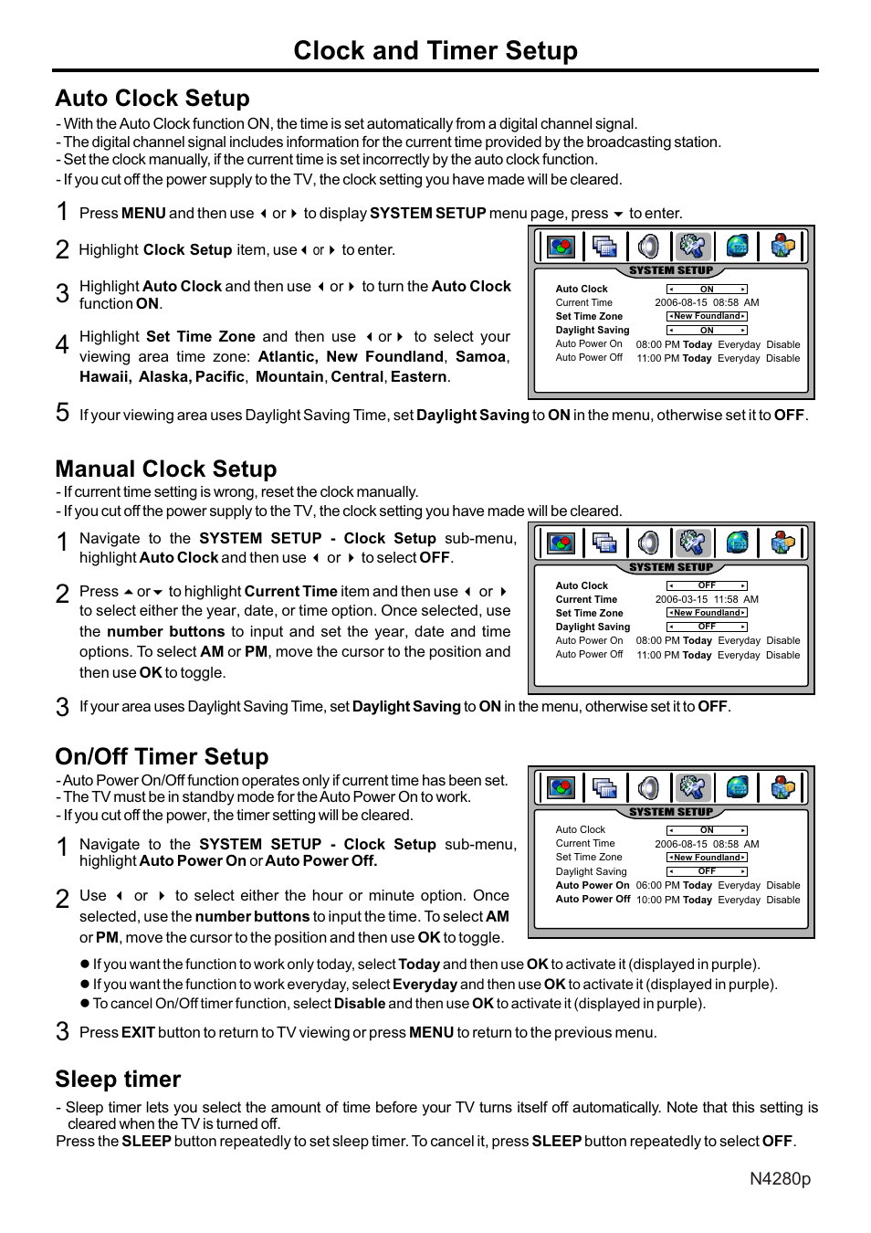 页面 30, Clock and timer setup, Auto clock setup | Manual clock setup, Sleep timer, On/off timer setup | VIEWSONIC N4280p User Manual | Page 31 / 57