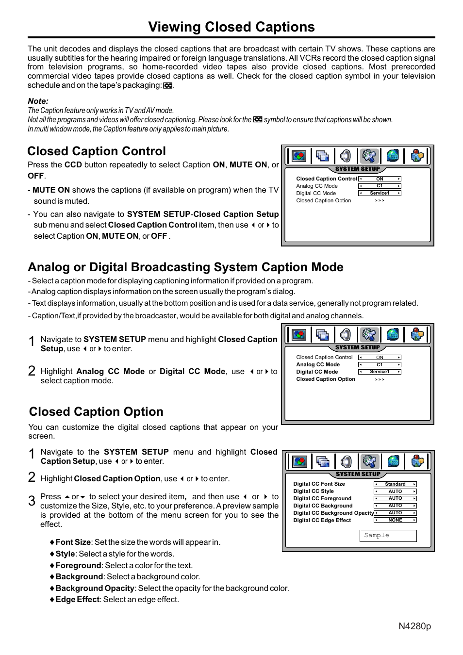 页面 31, Viewing closed captions, Closed caption control | Analog or digital broadcasting system caption mode, Closed caption option | VIEWSONIC N4280p User Manual | Page 32 / 57