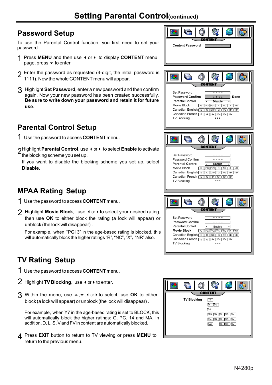 页面 34, Setting parental control, Password setup | Mpaa rating, Setup, Tv rating, Parental control setup, Continued) | VIEWSONIC N4280p User Manual | Page 35 / 57