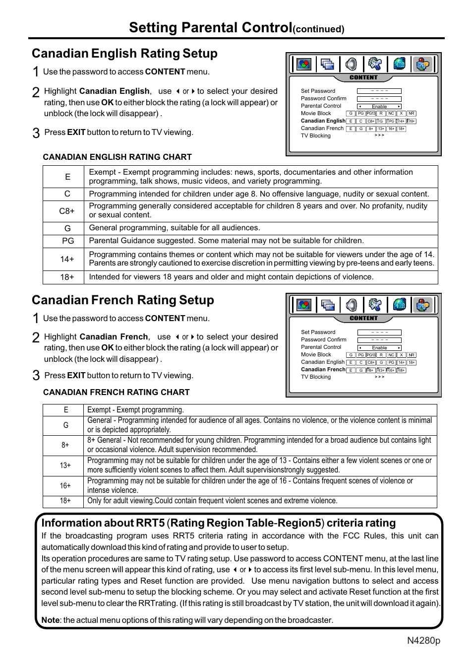 页面 35, 3setting parental control, Canadian | French rating, Setup, English rating, Continued) | VIEWSONIC N4280p User Manual | Page 36 / 57