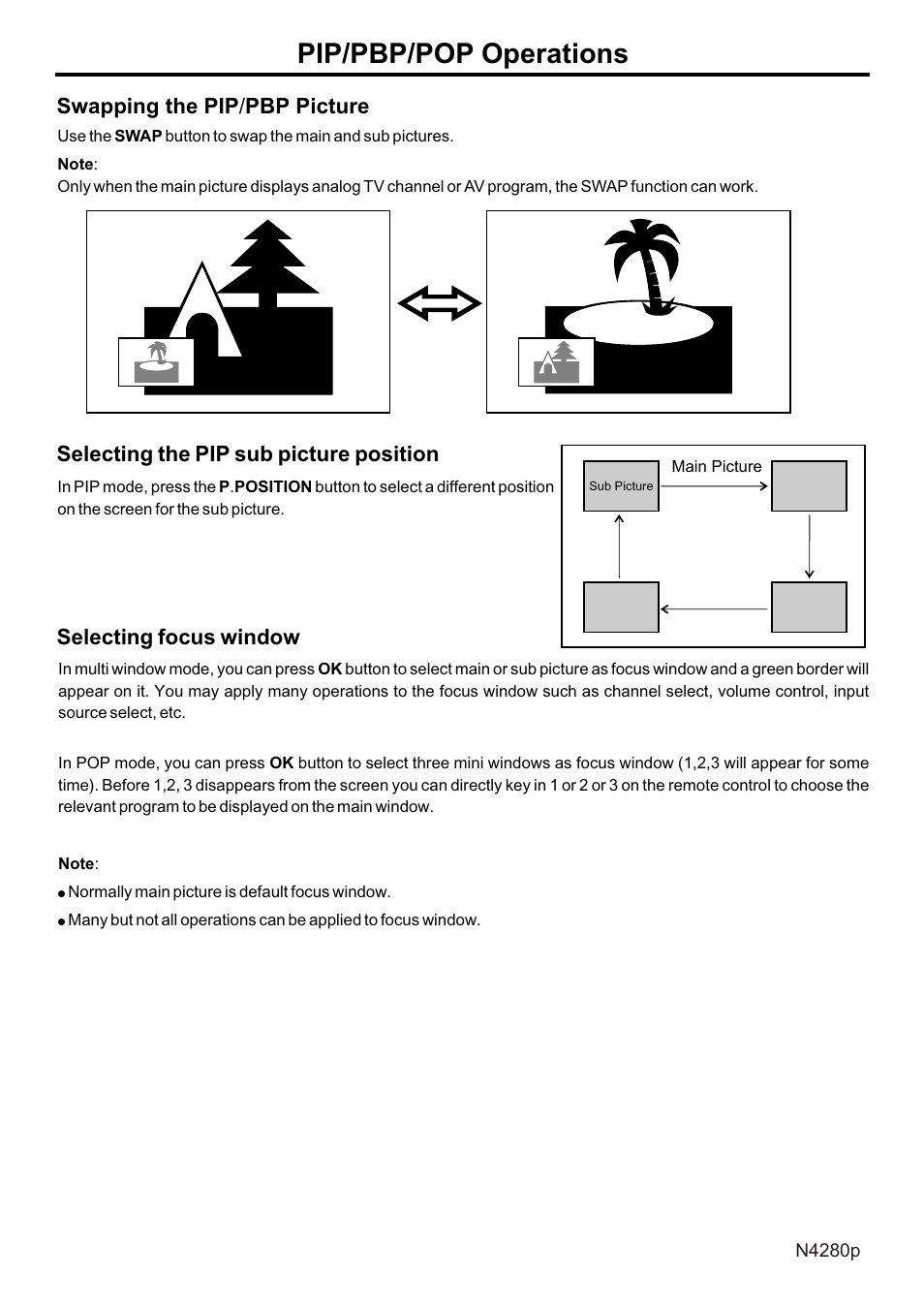 页面 37, Pip/pbp/pop operations, Swapping the pip / pbp picture | Selecting, Picture, Position, Focus, Window | VIEWSONIC N4280p User Manual | Page 38 / 57