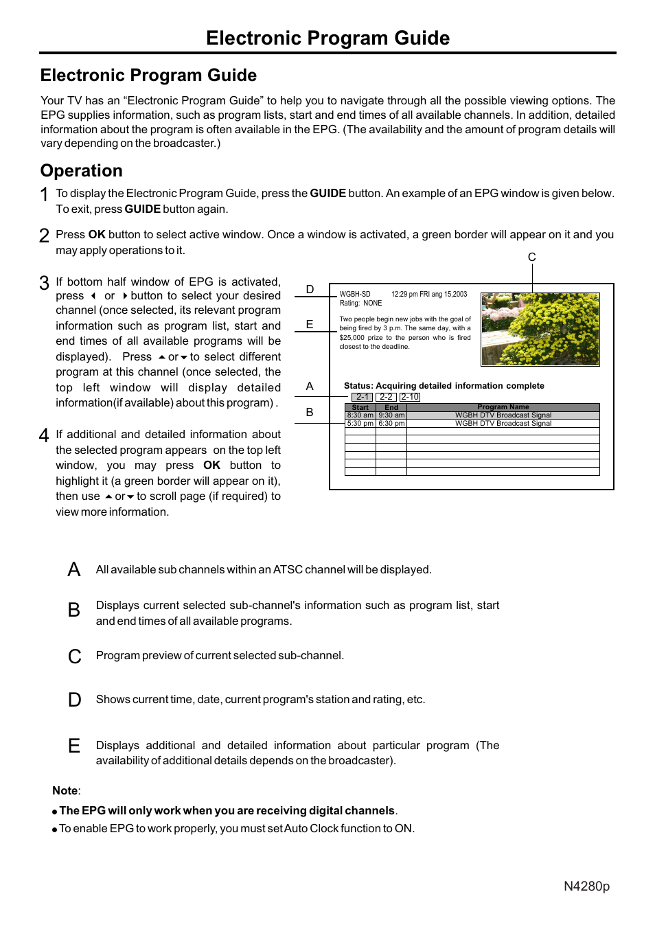 页面 38, Electronic program guide, Operation | VIEWSONIC N4280p User Manual | Page 39 / 57