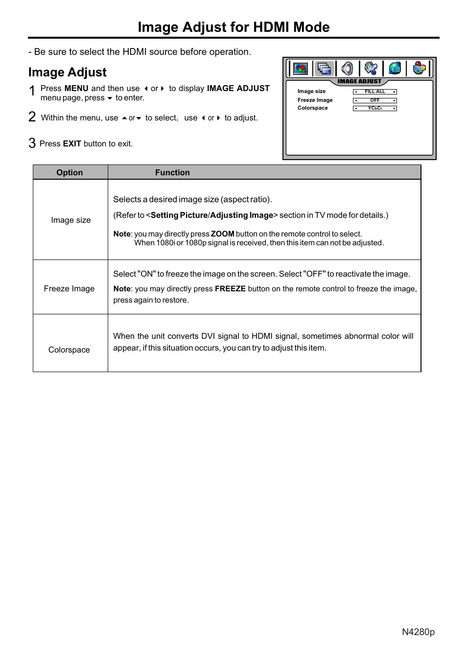 页面 40, Image adjust for hdmi mode, Image | Adjust | VIEWSONIC N4280p User Manual | Page 41 / 57