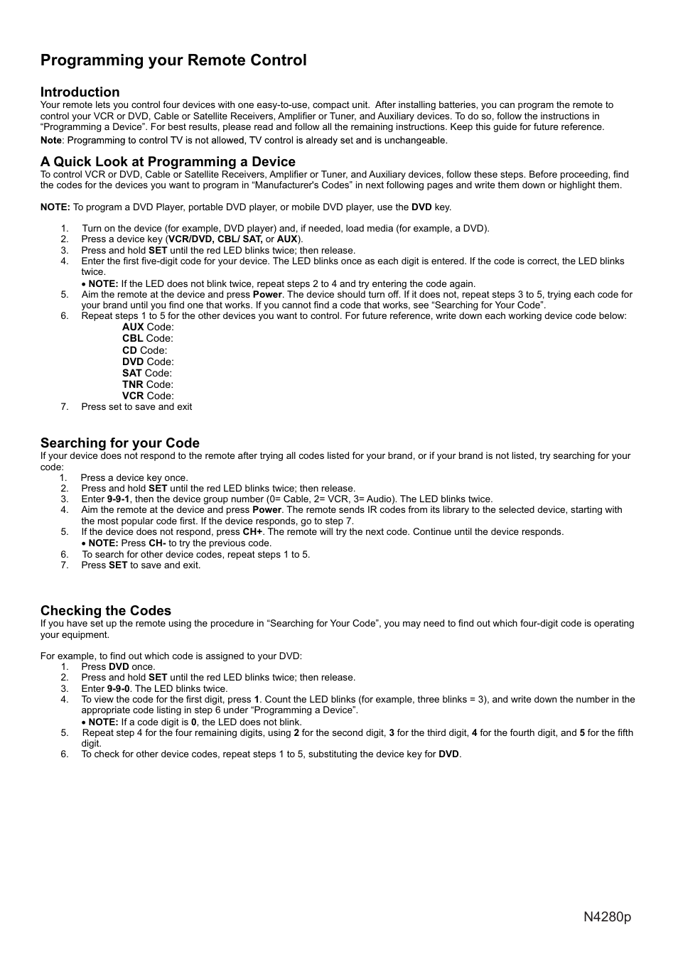 页面 44, Programming your remote control, Introduction | A quick look at programming a device, Searching for your code, Checking the codes | VIEWSONIC N4280p User Manual | Page 45 / 57