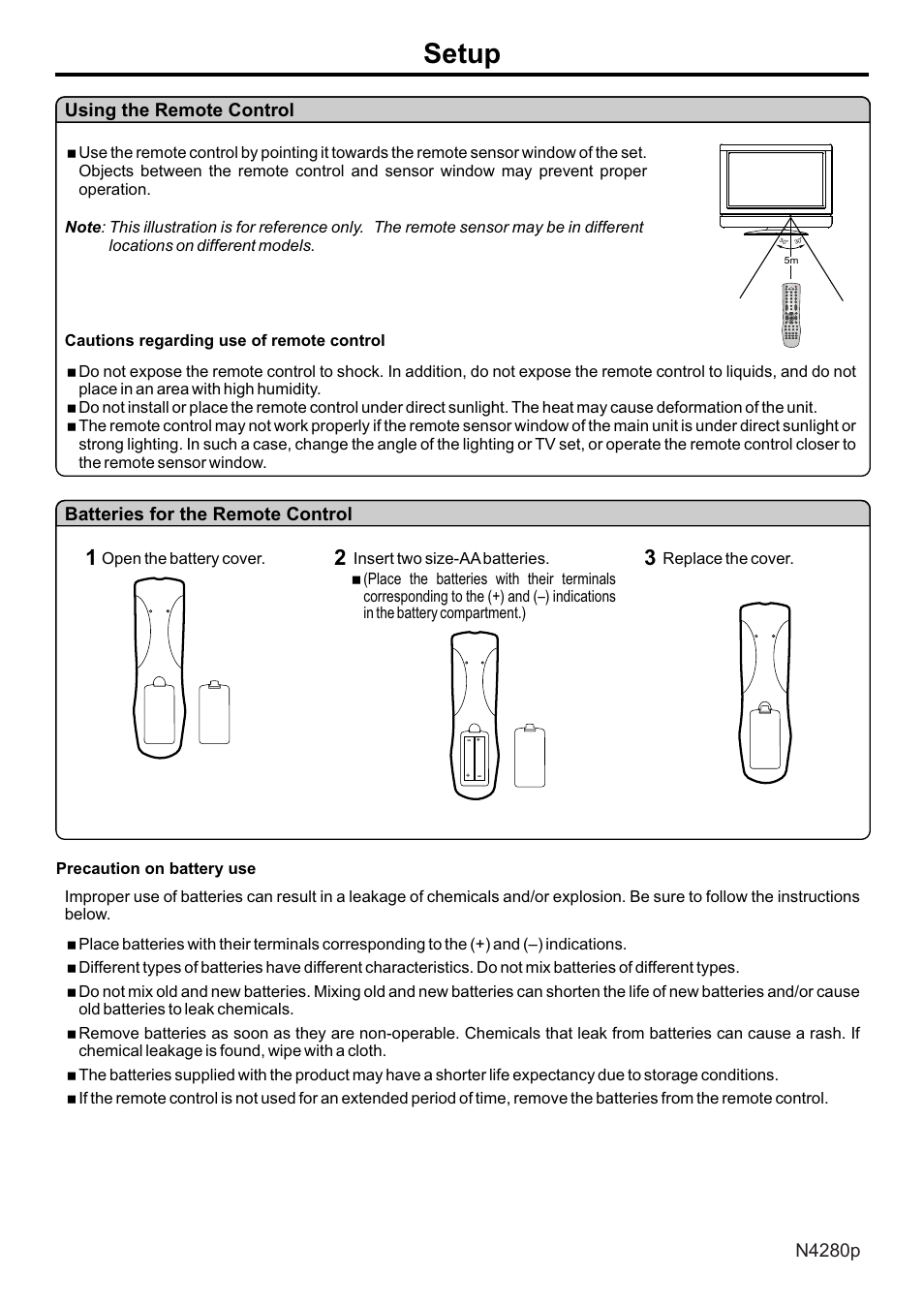 页面 7, Setup, Using the remote control | Batteries for the remote control | VIEWSONIC N4280p User Manual | Page 8 / 57