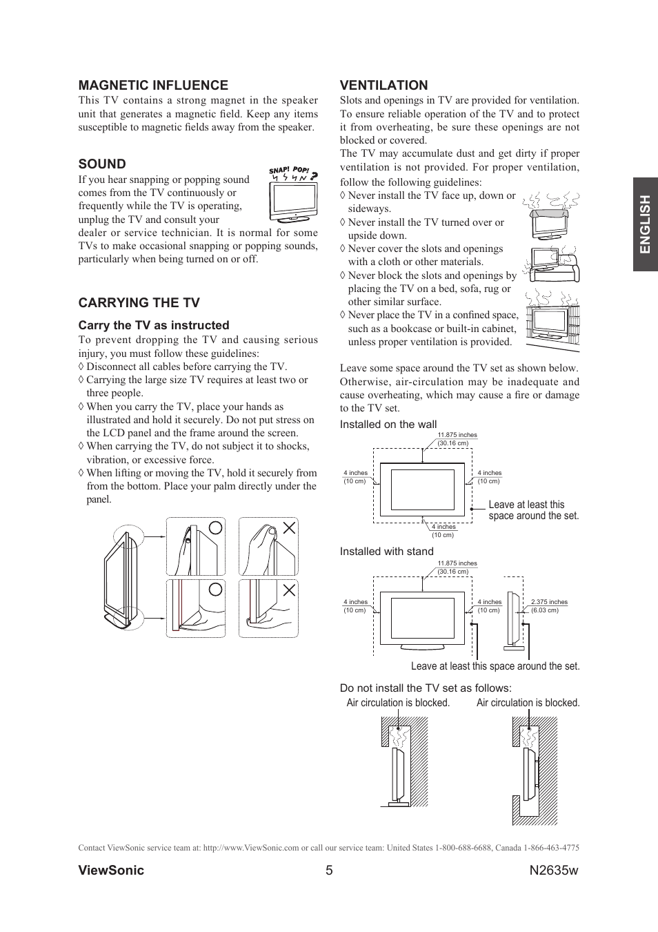 5english, Viewsonic n2635w magnetic influence, Sound | Carrying the tv, Ventilation | VIEWSONIC VS11769-2M User Manual | Page 10 / 50