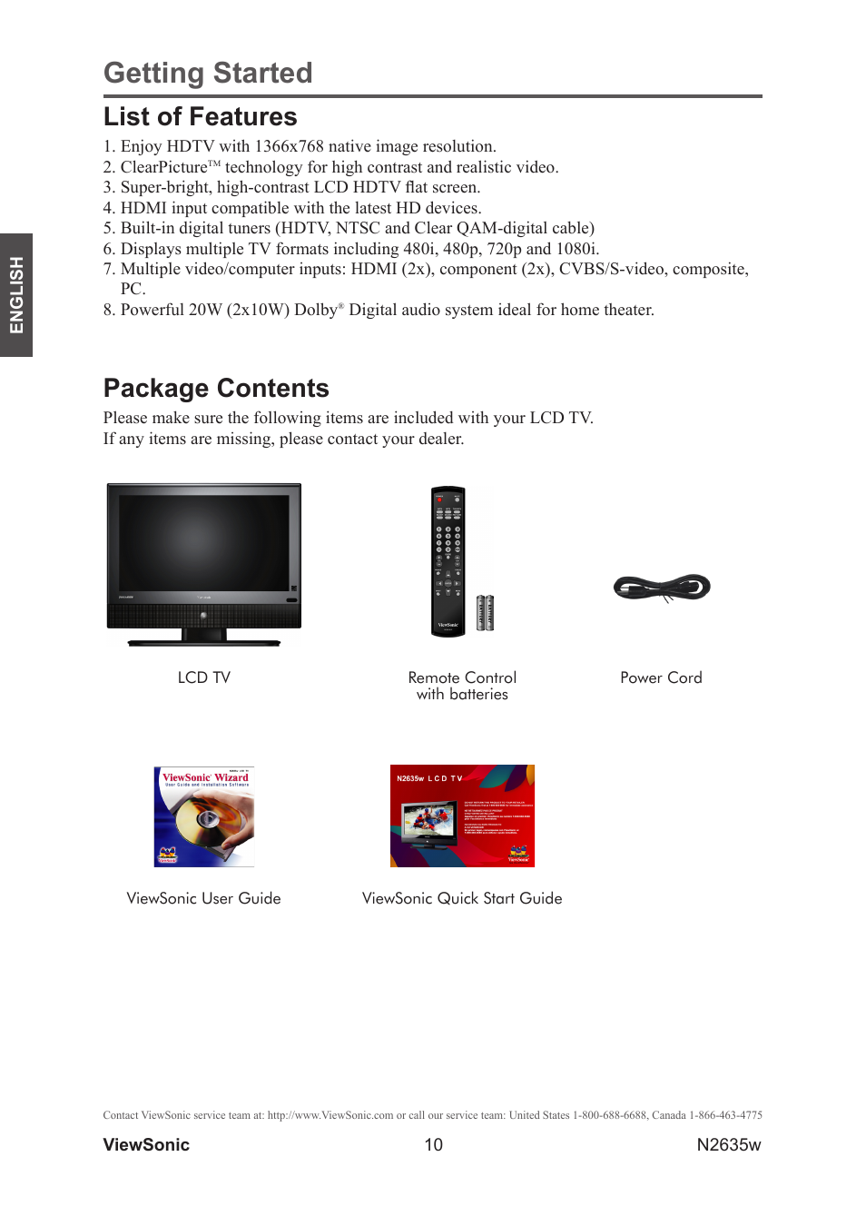 List of features, Package contents, Getting started | VIEWSONIC VS11769-2M User Manual | Page 15 / 50