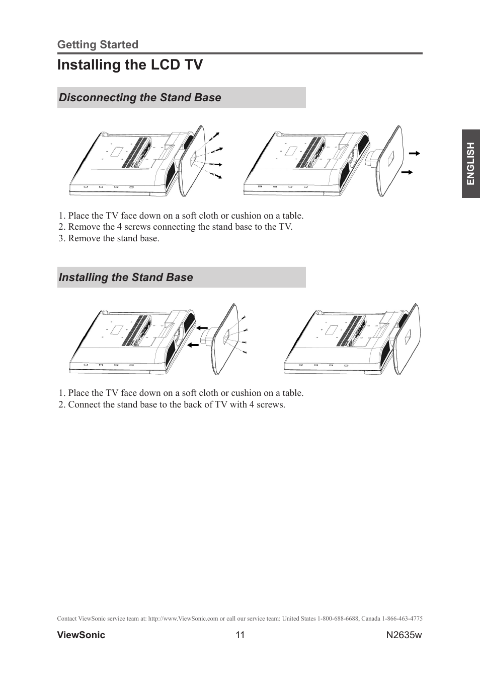 Installing the lcd tv, Disconnecting the stand, Installing the stand | VIEWSONIC VS11769-2M User Manual | Page 16 / 50