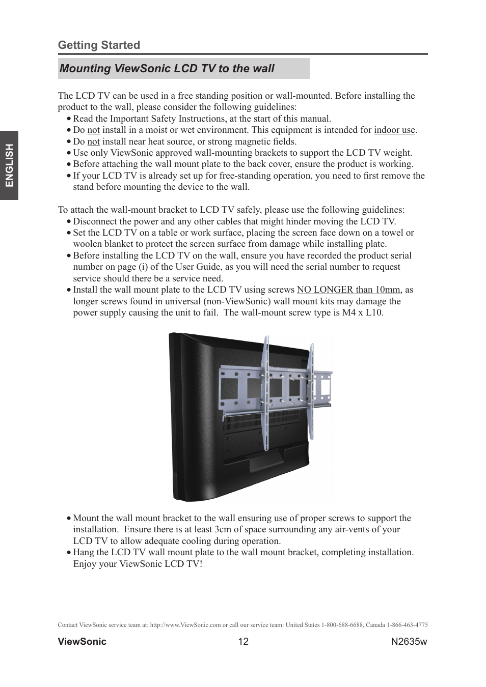 Mounting viewsonic lcd tv to the wall | VIEWSONIC VS11769-2M User Manual | Page 17 / 50