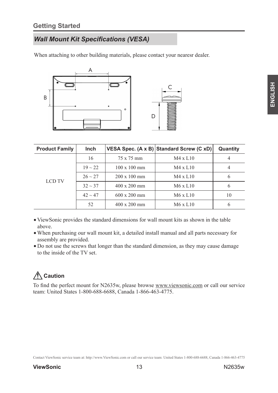 Wall mount kit specifications (vesa) | VIEWSONIC VS11769-2M User Manual | Page 18 / 50