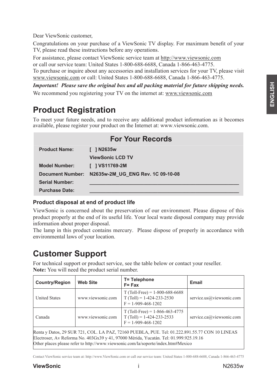 Customer support, Product registration, For your records | VIEWSONIC VS11769-2M User Manual | Page 2 / 50