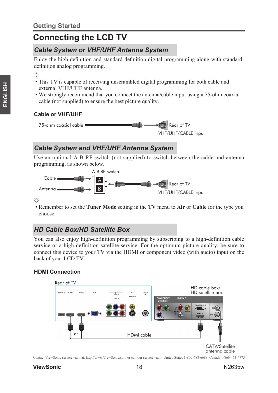 Connecting the lcd tv, Cable system or vhf/uhf antenna system, Cable system and vhf/uhf antenna system | Hd cable box/hd satellite box | VIEWSONIC VS11769-2M User Manual | Page 23 / 50