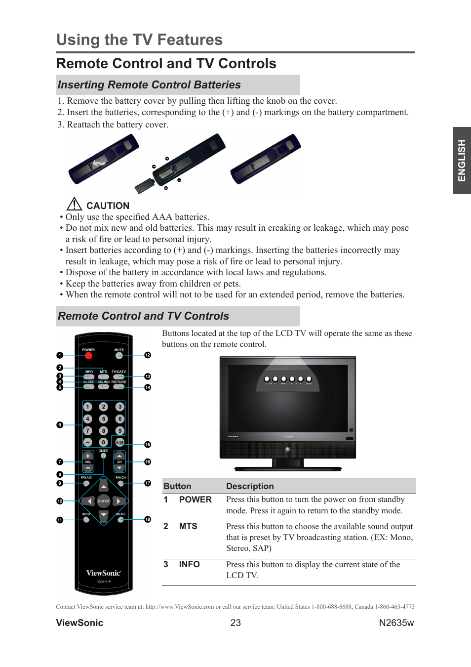 Remote control and tv controls, Inserting remote control batteries, Using the tv features | VIEWSONIC VS11769-2M User Manual | Page 28 / 50