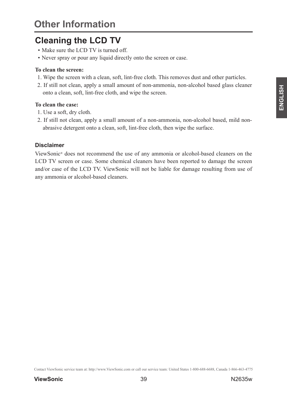 Cleaning the lcd tv, Other information | VIEWSONIC VS11769-2M User Manual | Page 44 / 50