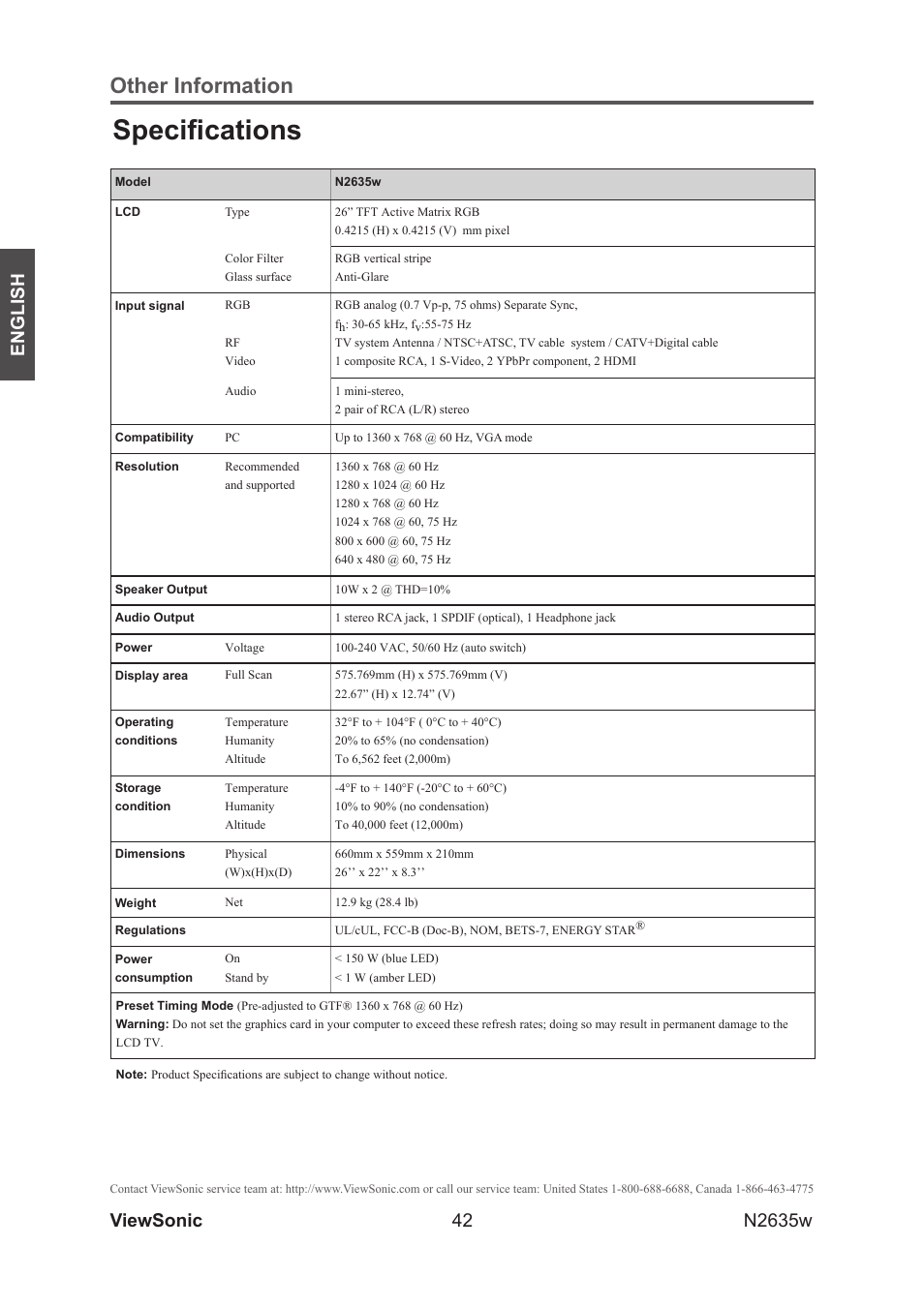 Specifications, Other information, 42 english | Viewsonic n2635w | VIEWSONIC VS11769-2M User Manual | Page 47 / 50